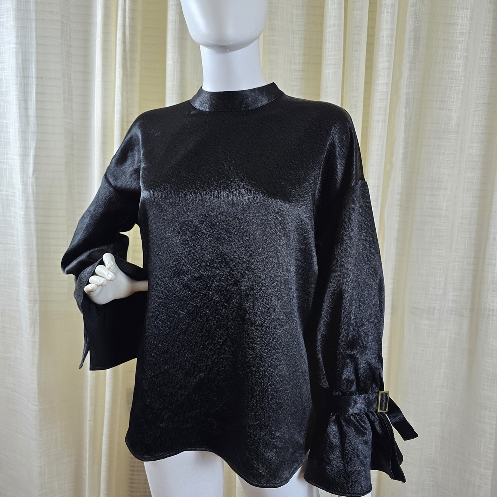 Express Black Satin Blouse with Bell Sleeves